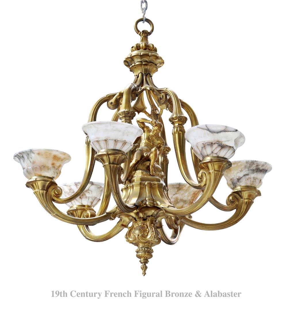 A Large 19th C. French Bronze Alabaster Figural Chandelier, 6-lights: A Large 19th C. French Bronze Alabaster Figural Chandelier, 6-lights. 40.5"