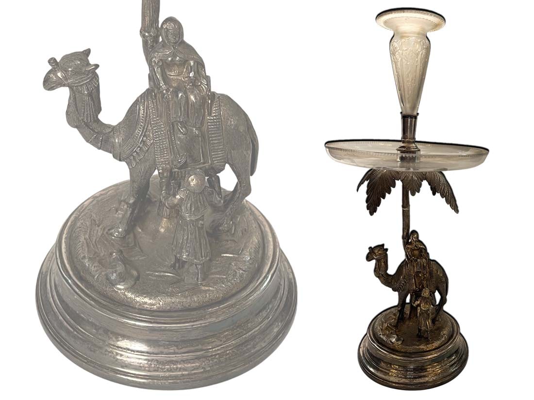 19th C. English Figural Silver-Plated Crystal Centerpiece: 19th C. English Figural Silver-Plated Crystal Centerpiece. 18.5" H x 8" D