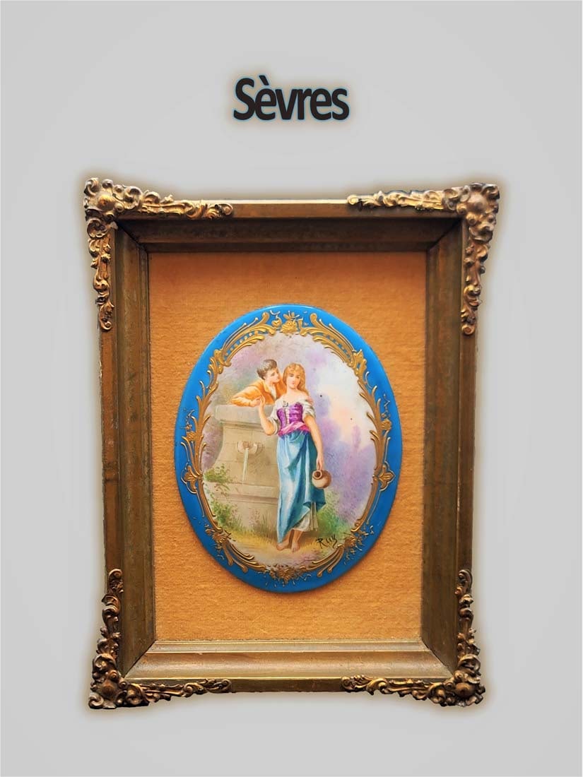 19th C. Sevres Hand Painted Framed Plaque. Rills Signed: 19th C. French Sevres Hand Painted Porcelain Framed Plaque. Rills Signed. 8.5" x 6"