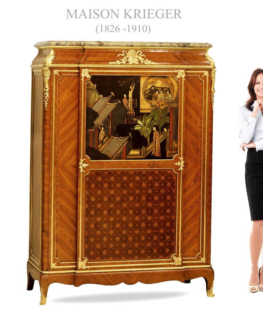 19th C. French Maison Krieger Chinoiserie Mounted Parquetry Side Cabinet: 19th C. French Maison Krieger Chinoiserie Mounted Parquetry Side Cabinet. H 65" x 44" x 17"
