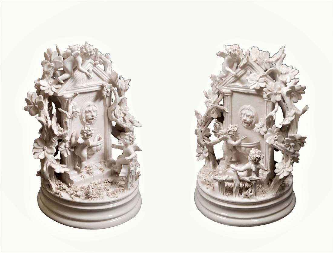 A Pair Of French Biscuit Porcelain Figurine Group Statues: A Pair Of French Biscuit Porcelain Figurine Group Statues, Maker's Mark sealed. H 10.5" x W 7" x L 9.5"