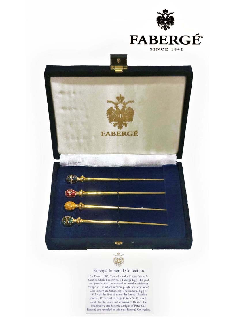 A Faberge Enamel Imperial Egg Cocktail/Sherbet Stirrers In Velvet Box: A Faberge Enamel Imperial Egg Cocktail/Sherbet Stirrers In Velvet Box. H 2" x W 6" x L 8"
