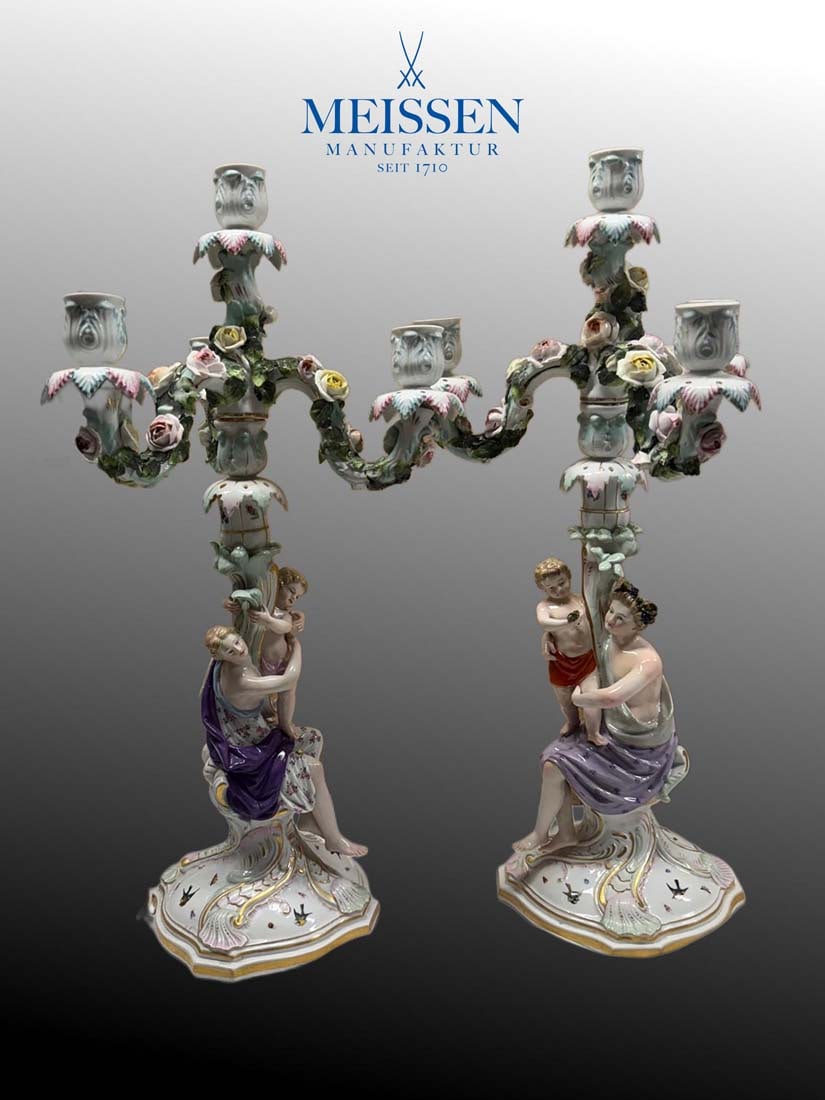 A Pair of German Meissen Hand Painted Porcelain Candelabras, Hallmarked: A Pair of German Meissen Hand Painted Porcelain Candelabras, Signed. H 25"