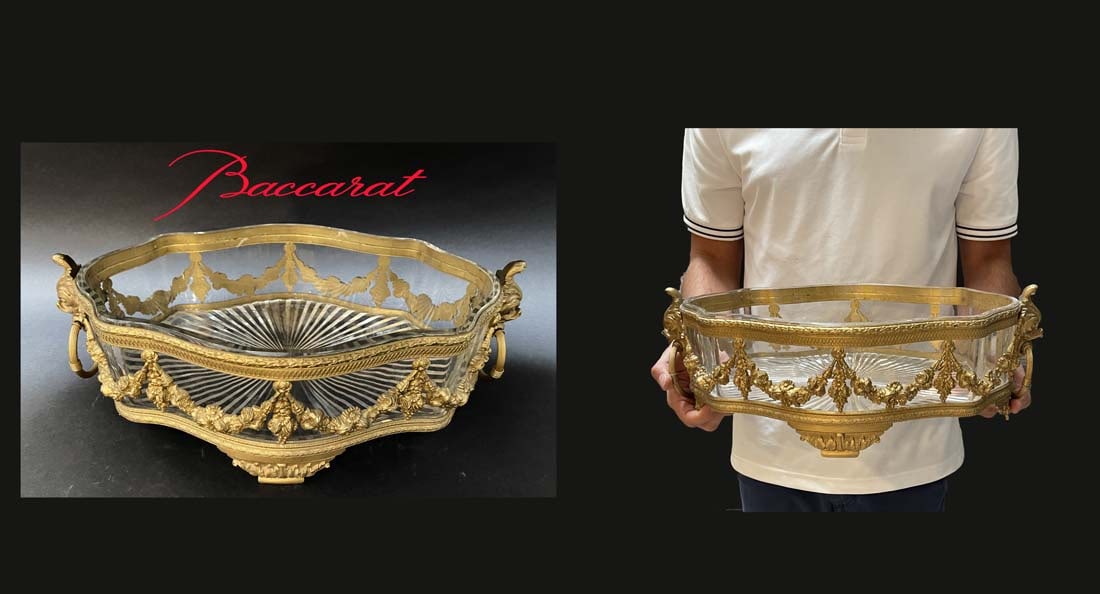 19th C. Baccarat Crystal & Gilt Bronze Centerpiece: 19th C. Baccarat Crystal & Gilt Bronze Centerpiece. 16" x 5" H x 9.5"