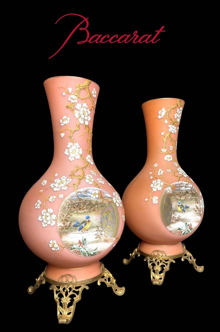 A Fine Large Pair Of 19th C. French Baccarat Hand Painted Opaline Bronze Vases (1 of 7)