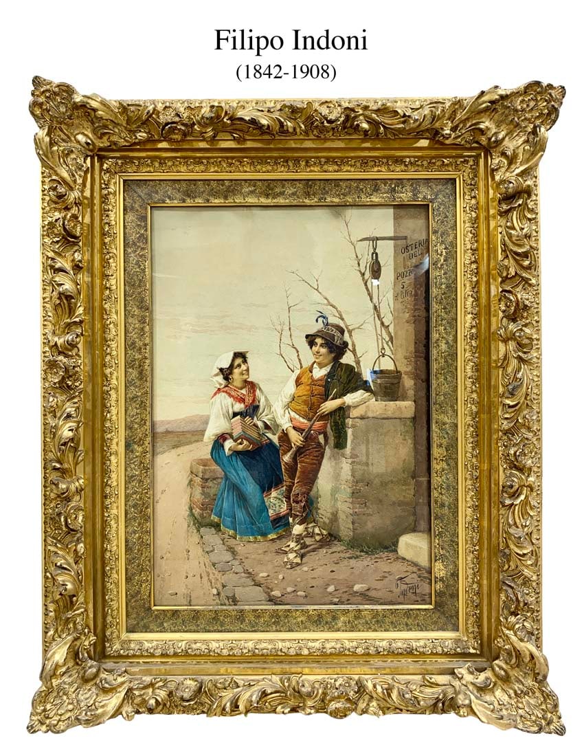 The Musician Couple, An Italian Filipo Indoni (1842-1908) Watercolor Painting, Signed: The Musician Couple, An Italian Filipo Indoni (1842-1908) Watercolor Painting, Signed. 33" x 25". About Artist: Filipo Indoni, Born: 1842 (Rome, Italy), Died: 1908 (Rome, Italy), Art Movement: