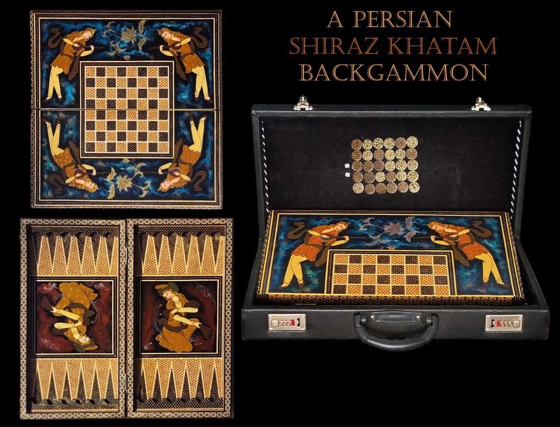 A Persian Shiraz Khatam Inlayed Hand Painted Backgammon Set In Case, Signed By Artist: An Iranian Persian Shiraz Khatam Inlayed Hand Painted Backgammon Set In Case, Signed By Artist. With Chess Board on Back of The box. Case L 21.5" x W 11.5" x H 3.8". About Khatam Art: Khatam is an anc