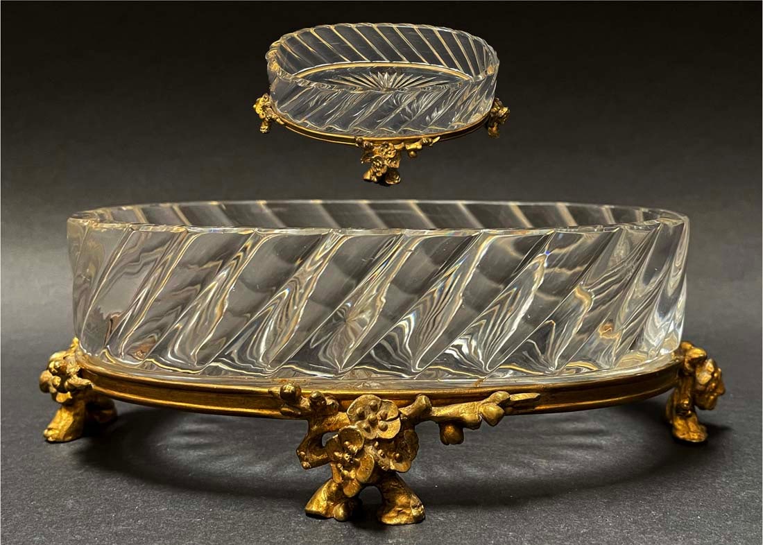 19th C. French Baccarat Crystal Bronze Oval Centerpiece: 19th C. French Baccarat Crystal Bronze Oval Centerpiece. 9" x 6" x H 5"