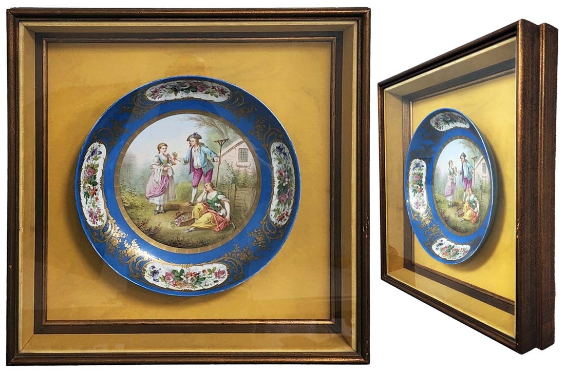 19th C. French Sevres Hand Painted Decorative Plates, Framed: 19th C. French Sevres Hand Painted Decorative Plates, Framed. Plate: H 2" x D 11.5", Frame: 18.75" x 18.5"