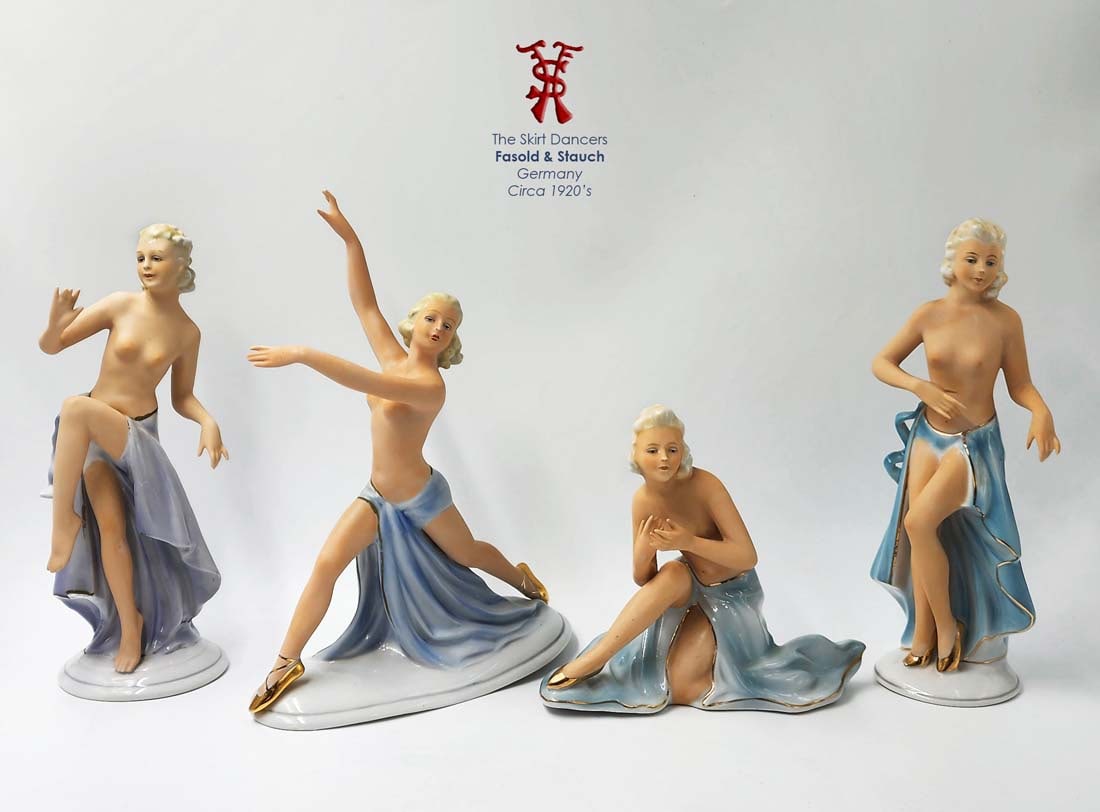 The Skirt Dancers, A Set Of Four German Fasold & Stauch Porcelain Figurines: The Nude Skirt Dancers, A Very Rare Set Of Four German Fasold & Stauch Hand Painted Porcelain Figurines, Hallmarked & Numbered. Circa 1920's. Sizes: 4" x 3.5" x H 8.5"; 3.5" x 3" x H 8.5"; 6.25" x 3" 
