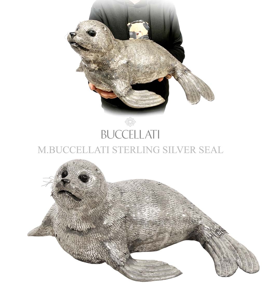 A Large Italian Mario Buccellati Sterling Silver Lion Sea Figurine, Signed: A Large Italian Mario Buccellati Sterling Silver Lion Sea Figurine, Hallmarked. Weight: 2067 Grams, 18" x 14" x H 9.5"