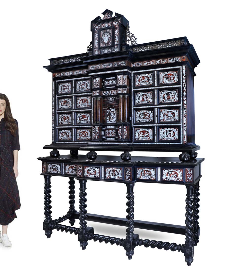 19th C. Spanish Tortoiseshell & Bone Inlaid, Ebonized Walnut Marquetry Cabinet On Stand (1 of 1)