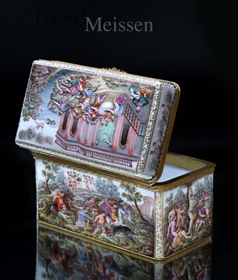 A Large 19th C. Meissen Hand Painted Porcelain Jewelry Box: A Large 19th Century German Meissen Hand Painted Porcelain Jewelry Box, Hallmarked. H 7" x 11" x 6"
