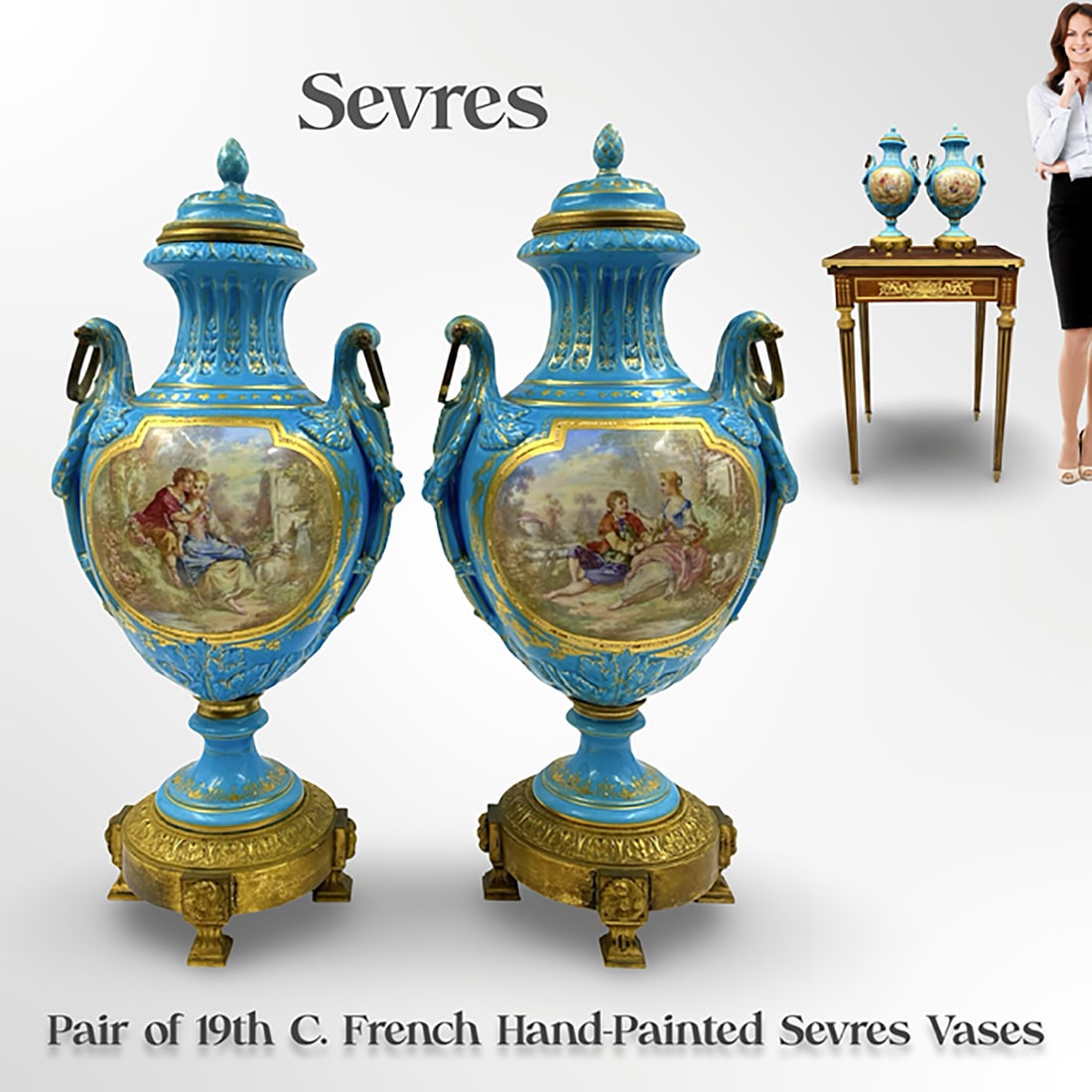 A Pair of 19th C. French Sevres Hand-Painted Porcelain Lidded Vases: A Pair of 19th C. French Sevres Hand-Painted Porcelain Lidded Vases. Note: The pedestal is NOT included! H 16" x L 7.5" x W 5.5"
