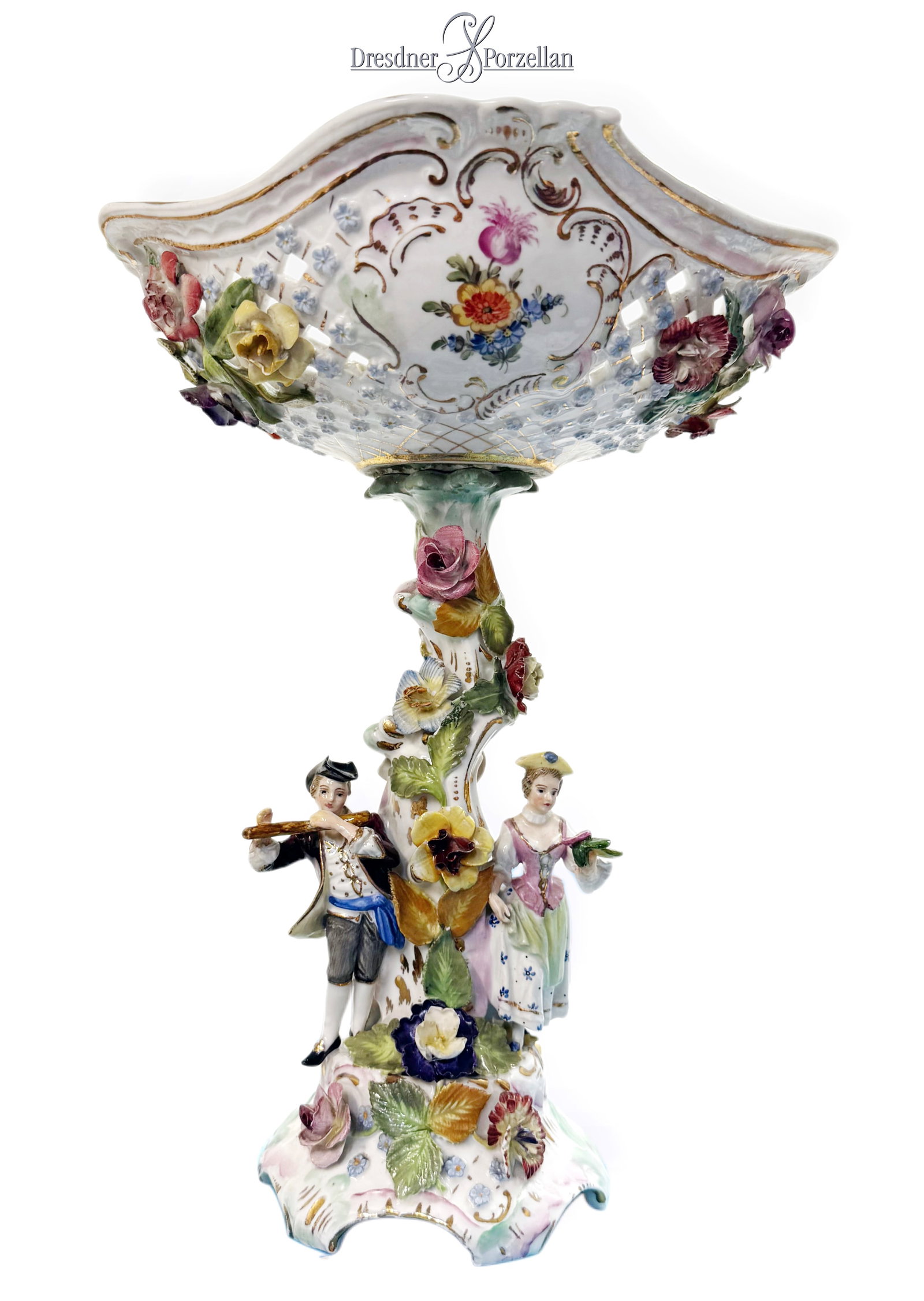 19th C. German Dresden Hand Painted Porcelain Figural Centerpiece/Tazza,, Hallmarked (1 of 11)