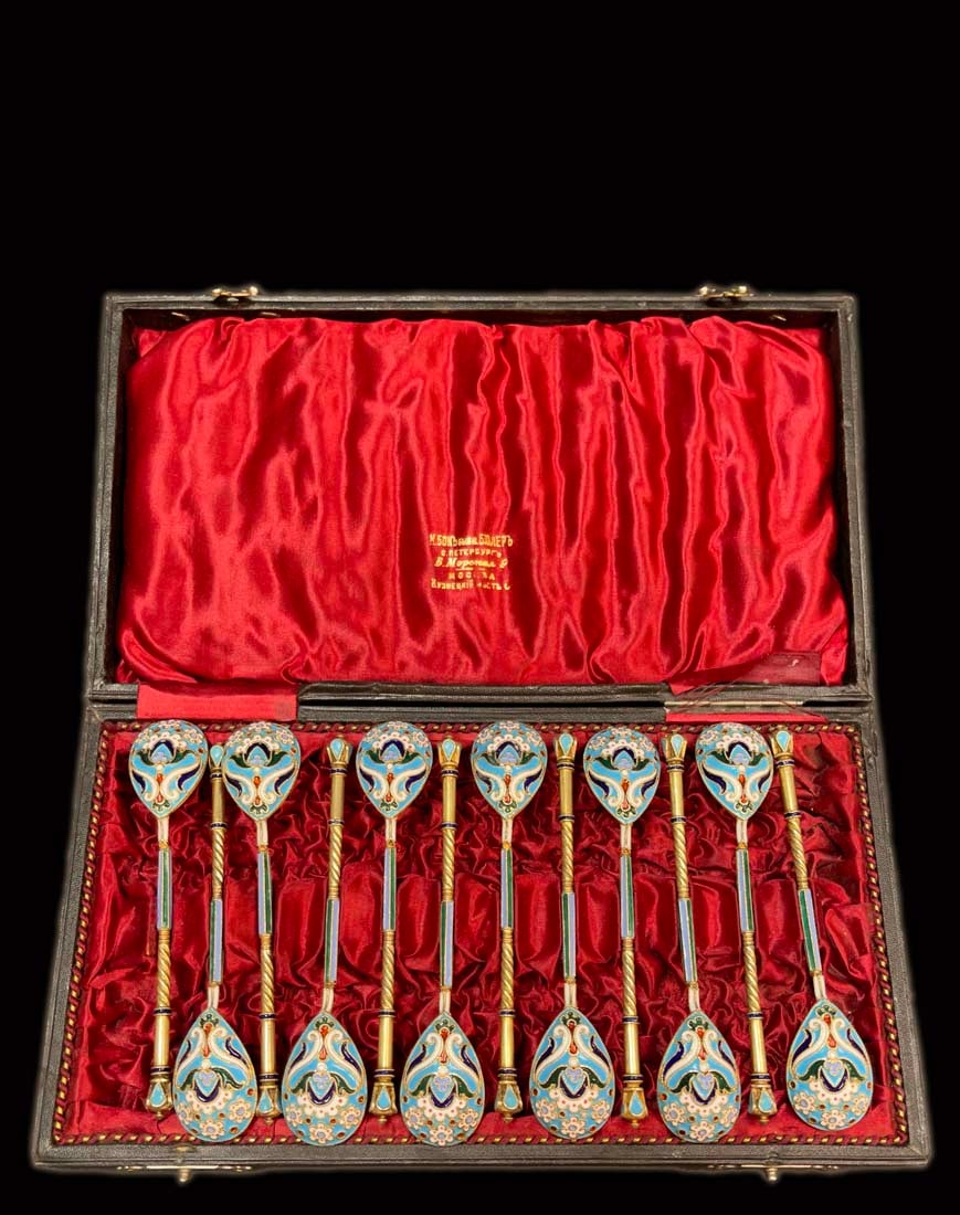 A Set Of Twelve Russian Empire Enamel Silver Spoons, Signed & Boxed: A Set Of Twelve Russian Empire Enamel Silver Spoons, Signed & Boxed