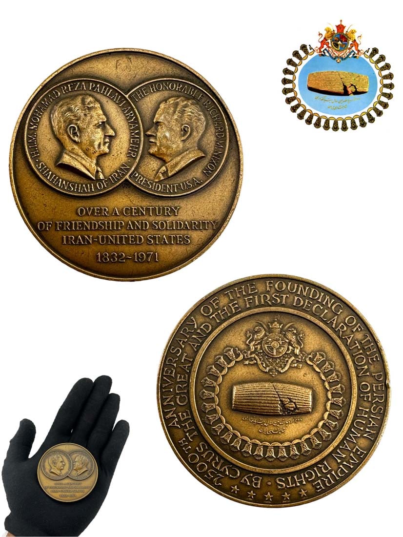 A XLARGE PERSIAN IRAN-USA FRIENDSHIP COMMEMORITIVE BRONZE MEDAL, 1971: A XLARGE PERSIAN IRAN-USA FRIENDSHIP COMMEMORITIVE BRONZE MEDAL, 1971. IRAN PERSIA MOHAMMADREZA SHAH PAHLAVI & R.M.NIXON XLARGE MEDAL BRONZE 120 gm NUMBER 408. IRAN PERSIAN OVER A CENTURY OF FRIENDSHI