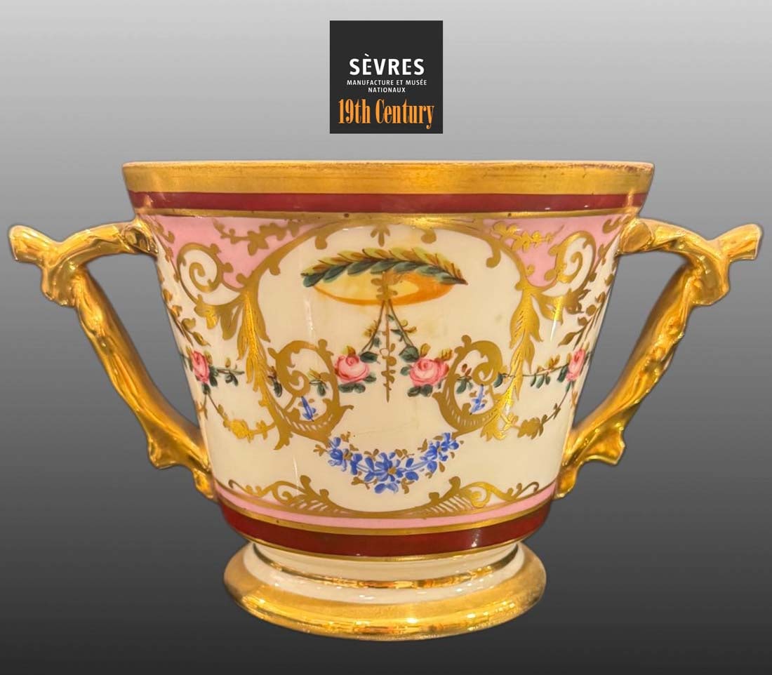 19th C. French Sevres Hand Painted Porcelain Vase, Hallmarked: 19th C. French Sevres Hand Painted Porcelain Vase, Hallmarked. H 7" x W 4.5"