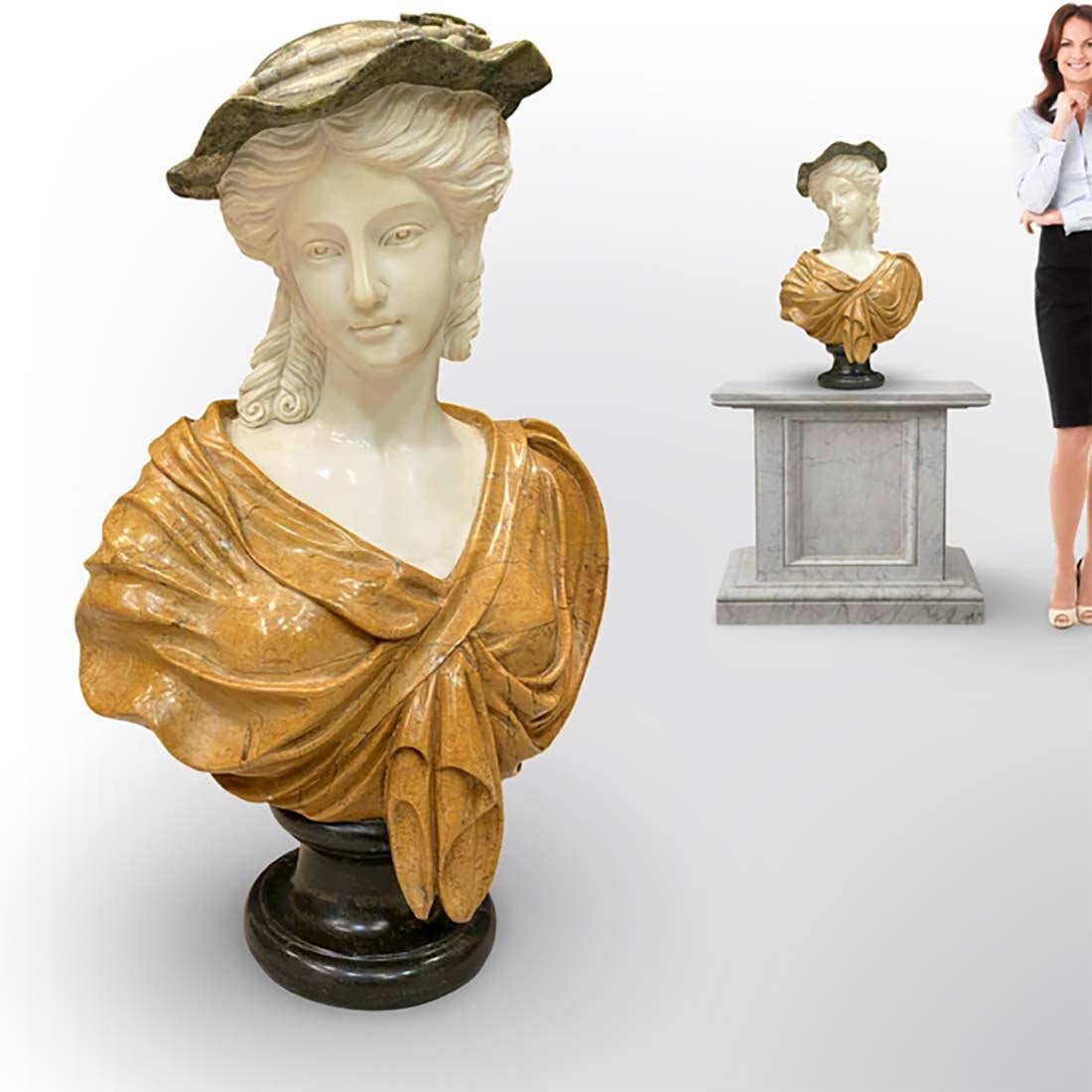 An Exquisite Hand-Carved Multi Marble of A Lady. Bust Sculptured: An Exquisite Hand-Carved Multi Marble of A Lady. Bust Sculptured. The bust Sculpted from Multiple Types of Marble. Note: the pedestal in the cover picture is NOT included! Measurements: H 24.65" x L 1