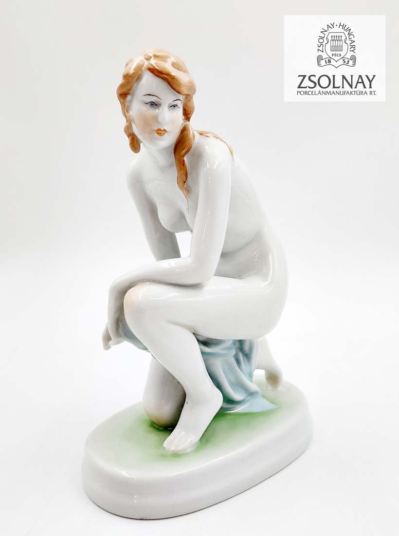 After Bath, A Vintage Hungarian Zsolnay Pecs Hand Painted Porcelain Figurine: After Bath, A Vintage Hungarian Zsolnay Pecs Hand Painted Porcelain Figurine, Hallmarked. Art Deco style, Circa 1970's. H 9" x 3.5" x 6"
