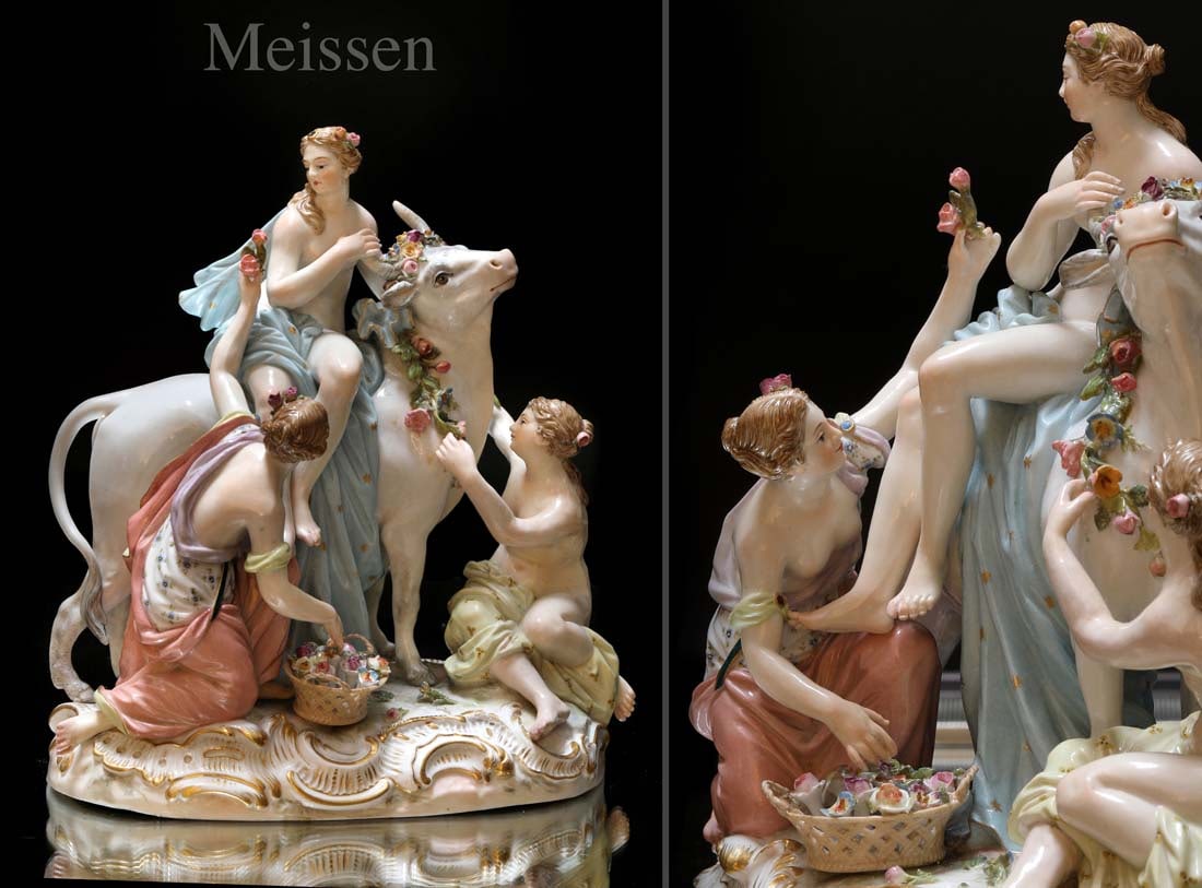 Europa On The Bull, 19th C. German Meissen Hand Painted Porcelain Figural Group, Hallmarked: Europa On The Bull, 19th Century German Meissen Hand Painted Porcelain Figural Group Statue, Signed, Circa 1880. H 8.5" x W 8"