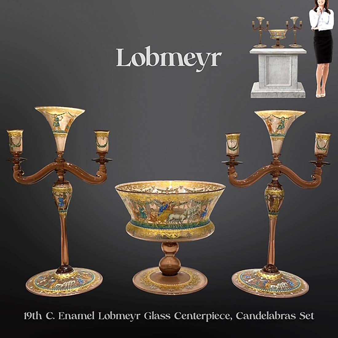 19th C. Austrian Lobmeyr Hand-Enameled Glass Garniture set: 19th C. Austrian Lobmeyr Hand-Enameled Glass Garniture set (Centerpiece & Candelabras). Note: The pedestal is NOT included! Centerpiece: H 9" x W 10.25", Candelabra: H 15.75" x L 9.5" x W 6.9"