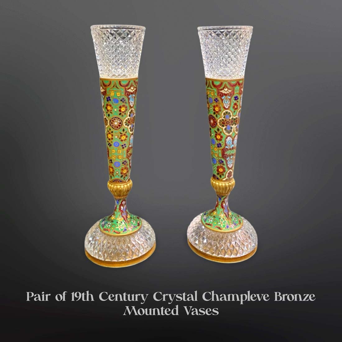 A Pair of 19th C. French Champleve Bronze & Crystal Vases (1 of 4)