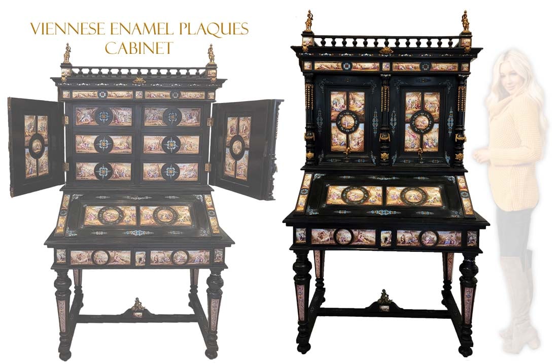 An Exquisite Viennese Enamel W/ More Than 100 Hand Painted Plaques Cabinet: Austrian Viennese Enamel cabinet decorated with more than 100 hand painted enamel plaques and medallions. H 76" x 42" x 27.5"