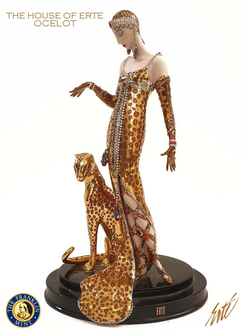 Ocelot, The Franklin Mint House of ERTE Figurine Group, Ltd Edition, Signed: Ocelot, A Vintage The Franklin Mint House of ERTE (Master of Art Deco) Hand Painted Fine Porcelain Statue, Limited Edition, No. M1157, Signed & Hallmarked. H 8.75" x 5.5" x 4.25". Note: The item like 