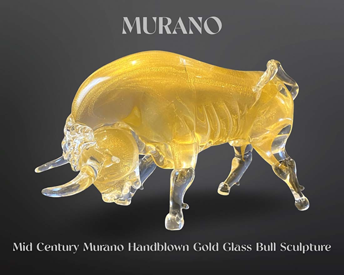A Vintage Mid 20th Century Italian Murano Handblown Gold Glass Bull Sculpture: A Vintage Mid 20th Century Italian Murano Handblown Gold Glass Bull Sculpture. Measurements: H 6.5" x L 10.5" x W 4"