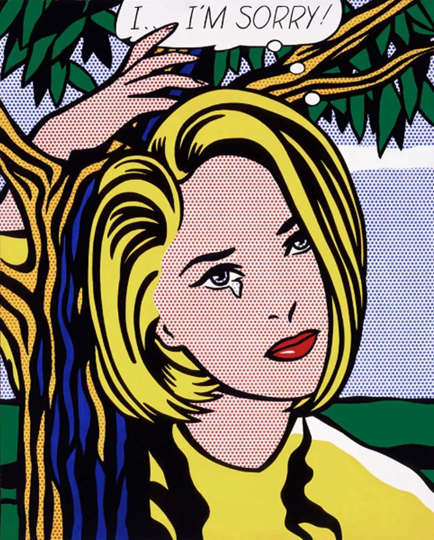 I...I'm Sorry! A Vintage Roy Lichtenstein Lithography Offset Print: I...I'm Sorry, A Vintage Roy Lichtenstein lithography offset Print from I...I'm Sorry! (1965-1966) Oil and Magna on canvas by Roy Lichtenstein. Printed in USA 1993. The print is in mint condition, unu