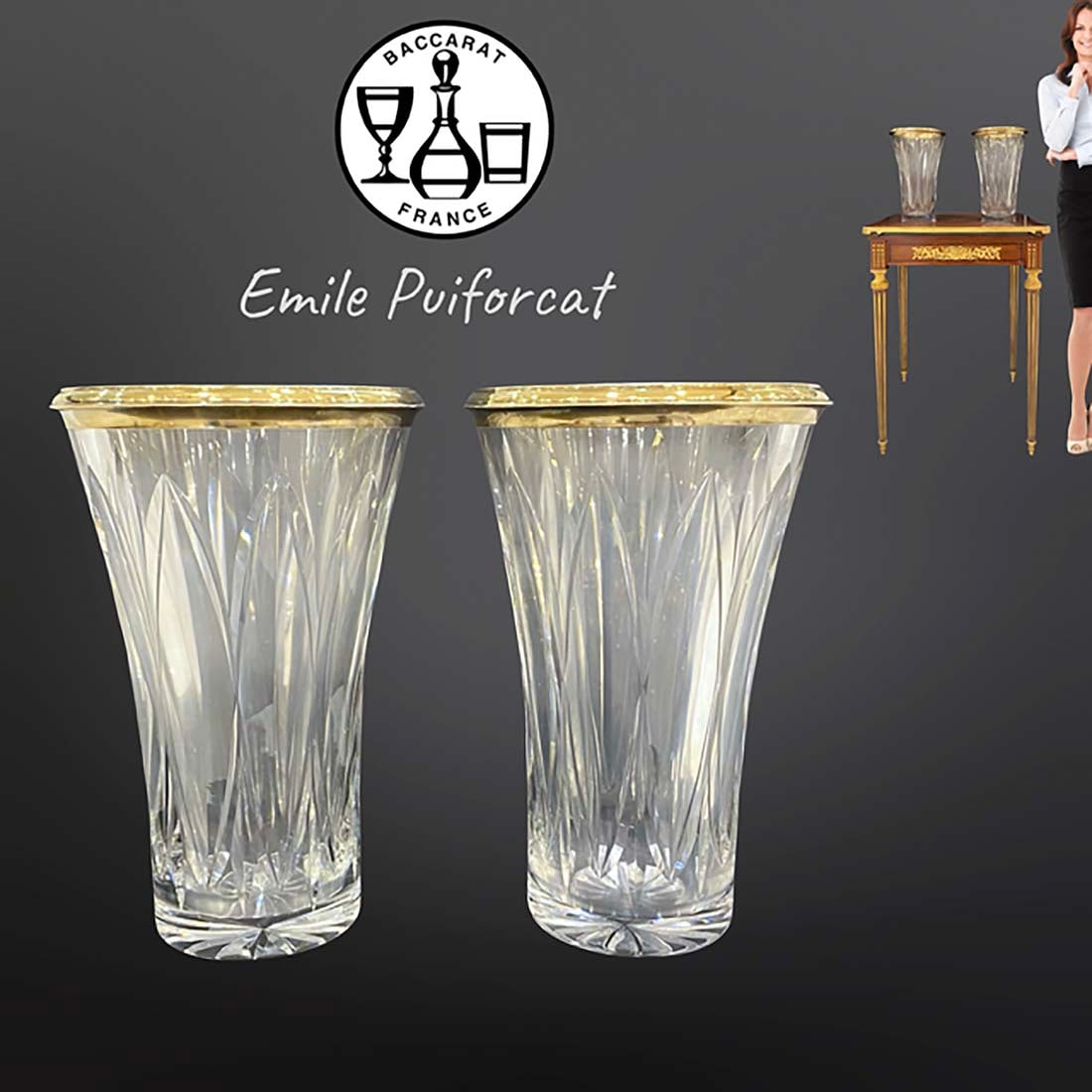 A Pair of 19th C. French Baccarat Crystal Gilt Silver Rims Vases, Signed: A Pair of 19th Century French Baccarat Crystal with Gilt Silver Rims signed by Emile Puiforcat Vases. Note: The pedestal is NOT included! H 13" x W 8.75"