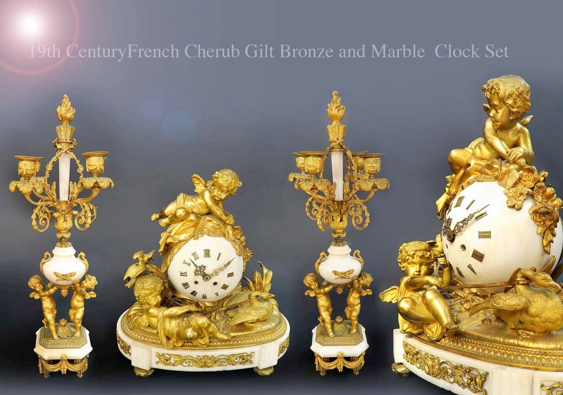 A Fine 19th C. French Gilt Bronze & Marble Figural Clock Set (1 of 10)