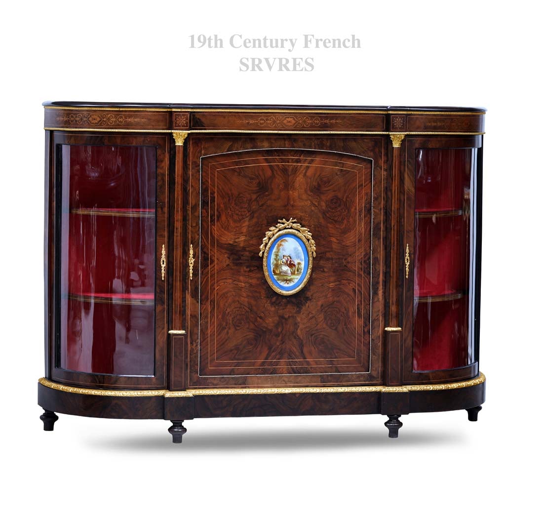 19th C. Kingwood Sideboard Sevres Plaque Bonze Cabinet: 19th C. French Kingwood Sideboard Sevres Hand Painted Porcelain Plaque Bonze Cabinet. 57.5" x 14" x H 41.5"