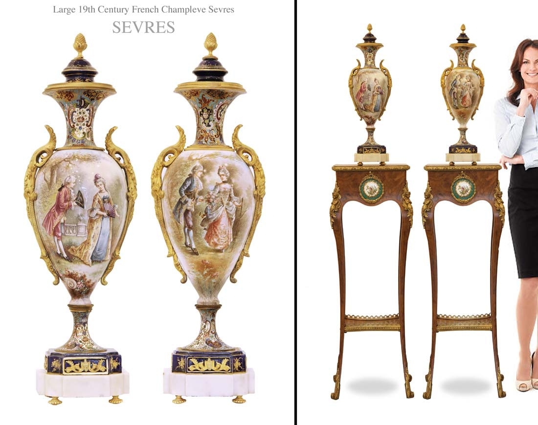 A Pair Of 19th C. Champleve Bronze Sevres Hand Painted Porcelain Vases, Signed: A Pair Of 19th C. French Champleve Bronze Sevres Hand Painted Porcelain Vases Signed By Baret & Miguel. H 26" X L 7". NOTE: The pedestals are NOT included!