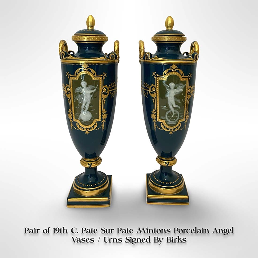 A Pair of 19th C. Mintons Pate Sur Pate Porcelain Lidded Vases/Urns, Signed (1 of 10)