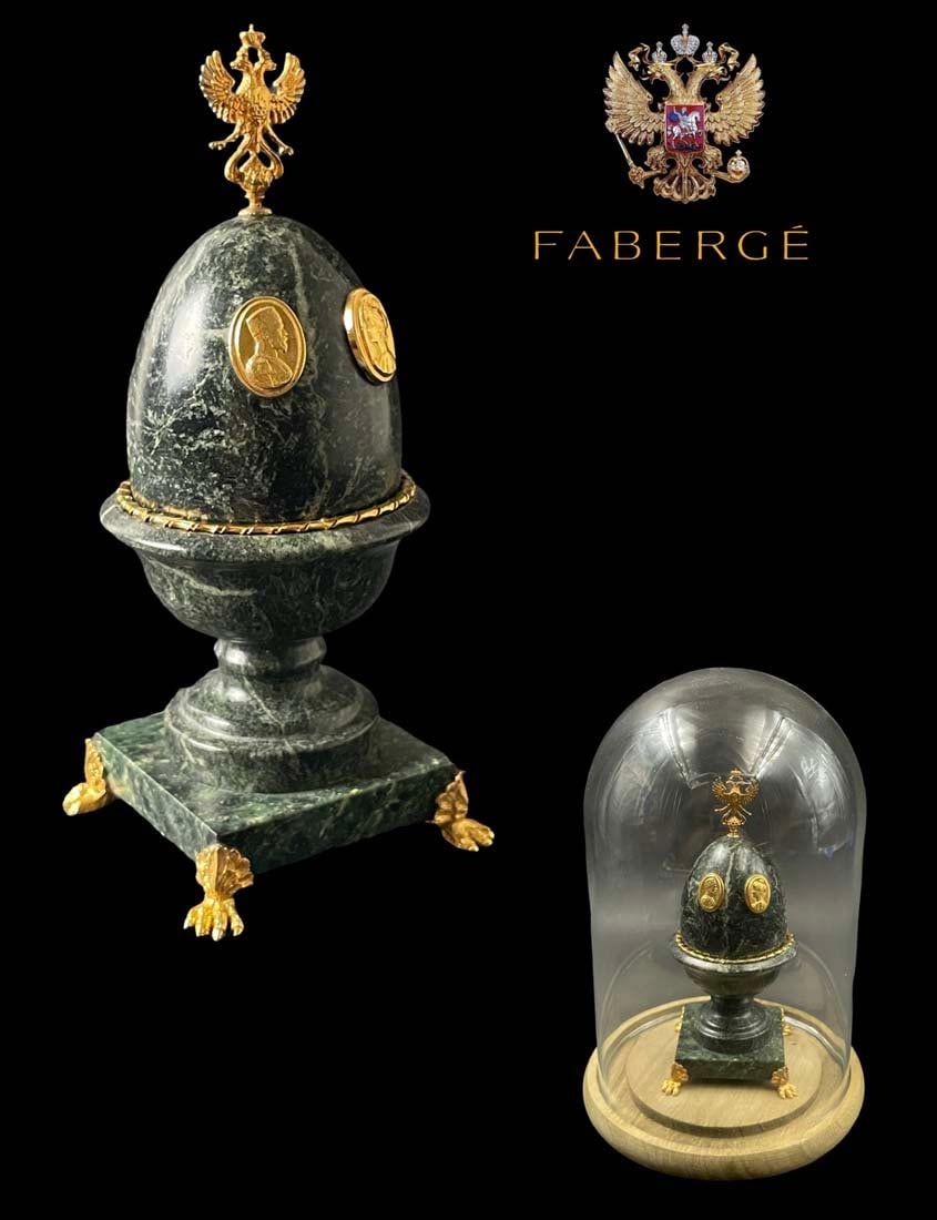 An Empire Russian Tsar & Alexandra Green Marble Egg: An Empire Russian Tsar & Alexandra Green Marble Egg. Egg: 2.5" x 2.5" x 7" H. Dome: 6.5" D x 9" H