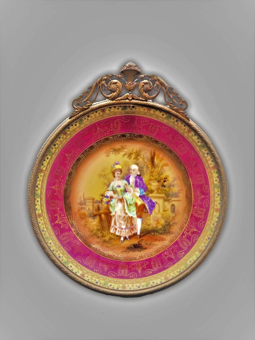 19th C. Hand Painted Bronze Framed Decorative Wall Plate: 19th Century Hand Painted Porcelain Bronze Framed Decorative Wall Plate. 8" x 7"