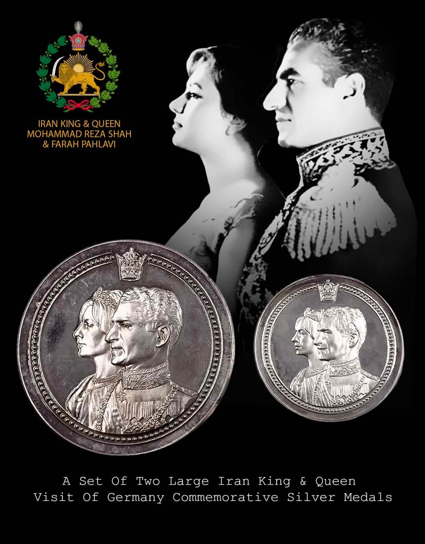 A Set Of Two Large Iran King & Queen Visit Of Germany Commemorative Silver Medals: A Set Of Two Large IRAN Persian King MOHAMMAD REZA SHAH & Queen Farah Pahlavi Visit Of Germany Commemorative Silver Medals. Bigger weight: 49.8 Grams, Smaller weight: 14.6 Grams