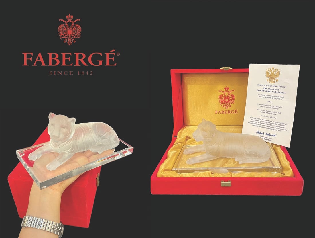 The Aria Tiger, A Limited Edition Faberge Crystal Tiger Figurine, Box, COA & Signed: The Aria Tiger, A Limited Edition Faberge Crystal Tiger Figurine, Box, COA & Signed. Ltd Edition Numbered: #121/800. 7.5" x 3.5" x H 3.5"