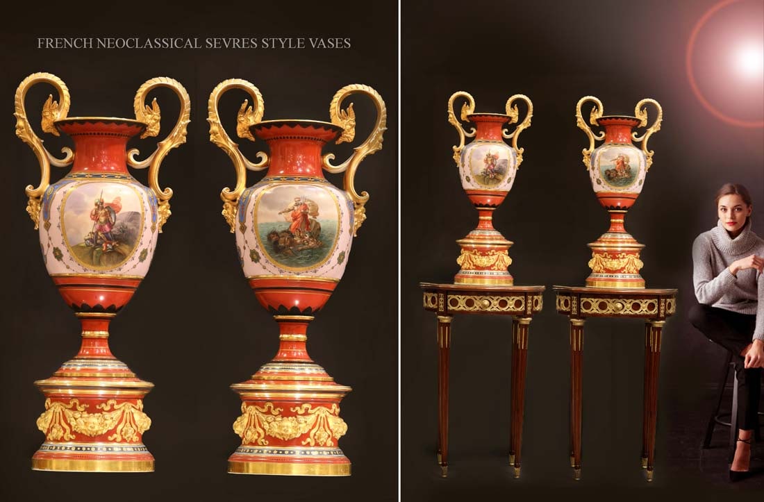 Large Pair Of 19th C. French Hand Painted Porcelain Vases: Large Pair Of 19th C. French Hand Painted Porcelain Vases. H 30.5" x 14" x 9"