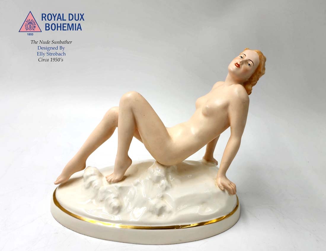 The Nude Sunbather, A Vintage Royal Dux Figurine, Elly Strobach Signed: The Nude Sunbather, A Vintage Royal Dux Hand Painted Porcelain Figurine, Designed By Elly Strobach, Circa 1950?s, Hallmarked and Signed. 7.5" x 4" x H 6.5"