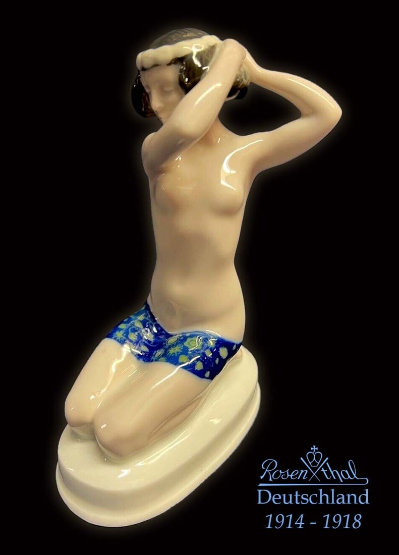 Seated Nude Girl, Early 20th C. German Rosenthal Porcelain Figurine, Hallmarked: Seated Nude Girl, Early 20th C. Deutschland Rosenthal Hand Painted Porcelain Figurine, Circa 1914-1918, Signed. H 5.5" x 4" x 2"