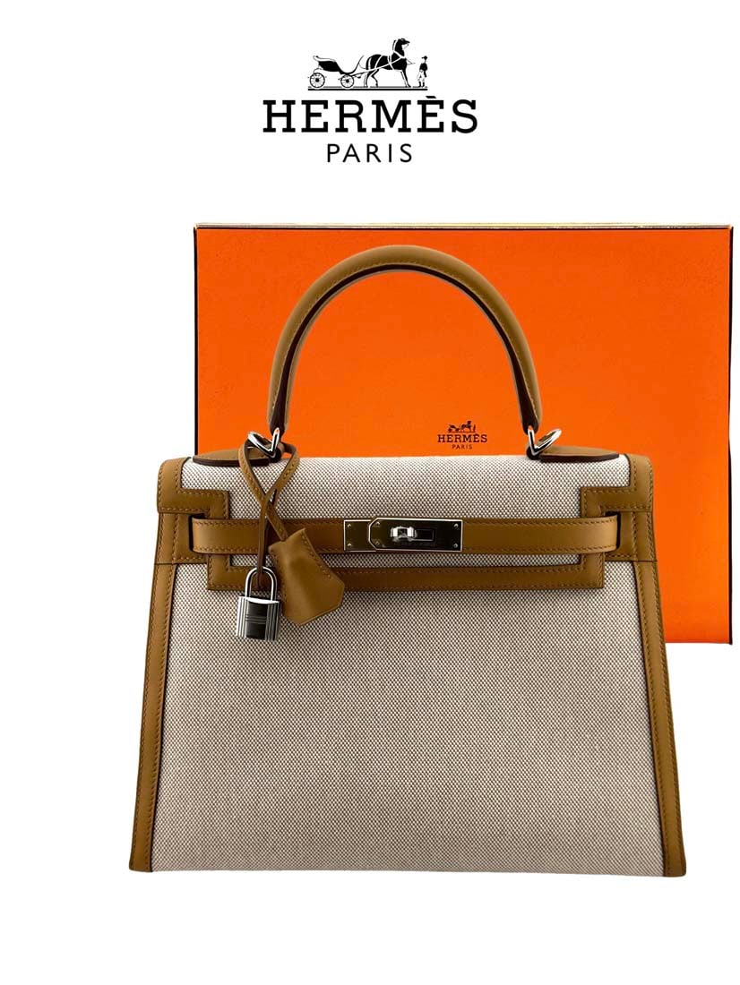 HERMES Kelly 28 Toile & Brown Swift Bag (1 of 8)