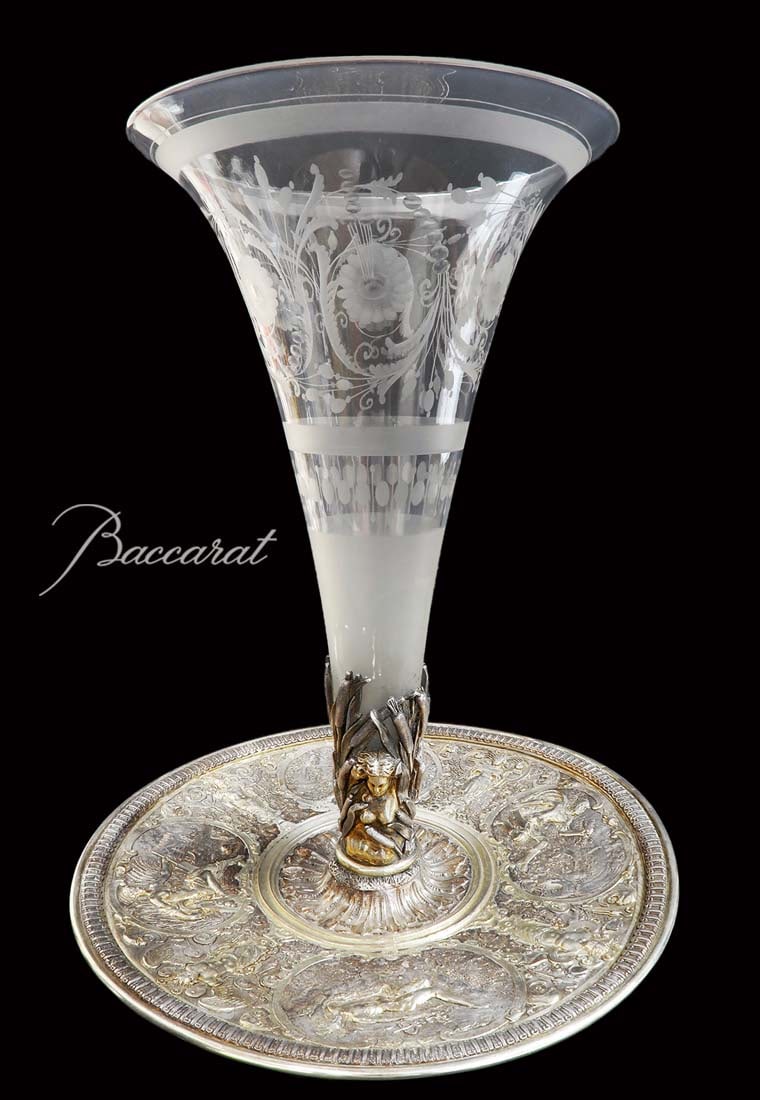 19th Century French Baccarat Crystal Silver-plated Bronze Figural Centerpiece: 19th Century French Baccarat Crystal Silver-plated Bronze Figural Centerpiece. W 10.75" x H 14.35"