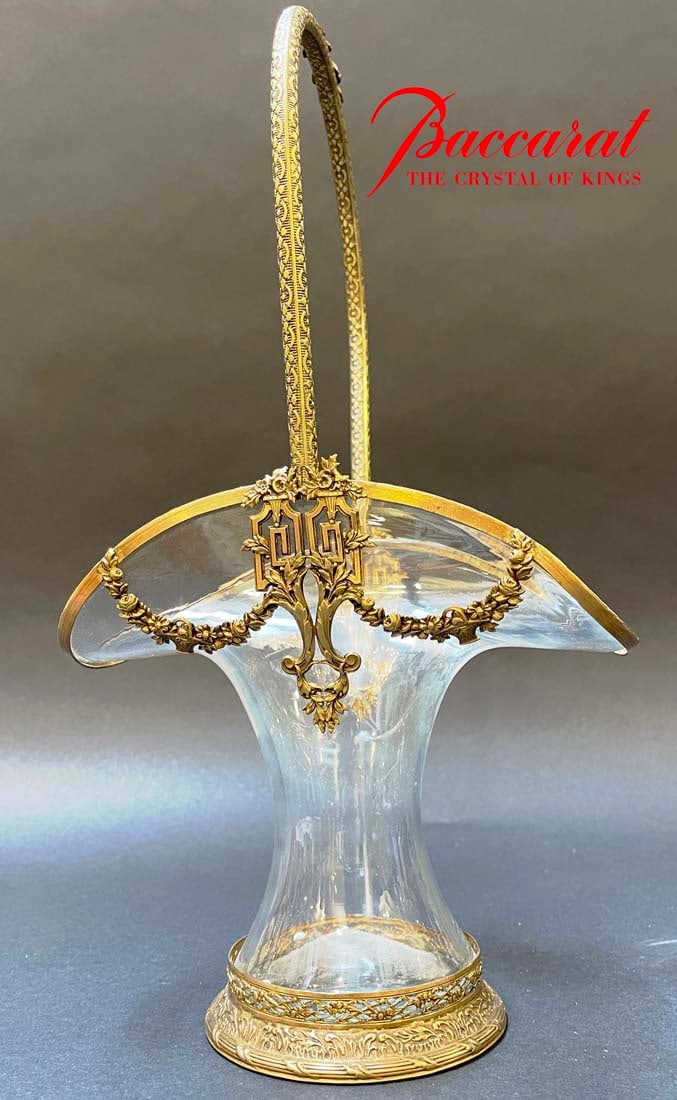 19th Century French Crystal & Bronze Basket/Centerpiece: 19th Century French Crystal & Bronze Basket/Centerpiece. 8.5" x 5" x x 15" H