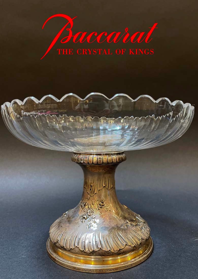 19th C. Baccarat Crystal & Signed Silver Base Centerpiece: 19th C. Baccarat Crystal & Signed Silver Base Centerpiece. 8.5" x 8.5" x 6.5" H