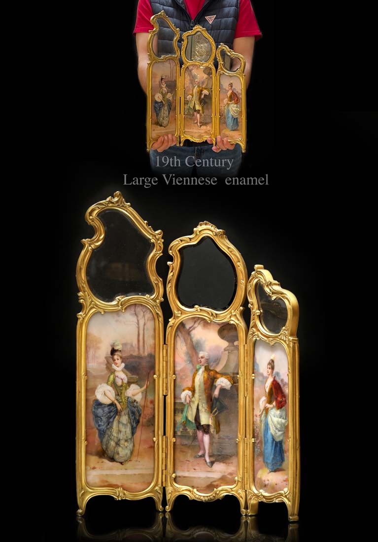 19th C. Viennese Enamel Gilt Bronze Miniature Panel Screen Room Divider (Paravan) (1 of 1)