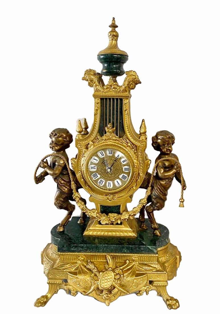 An Italian Brass Green Marble Figural Clock: An Italian Brass Green Marble Figural Clock. H 24" x W 10"