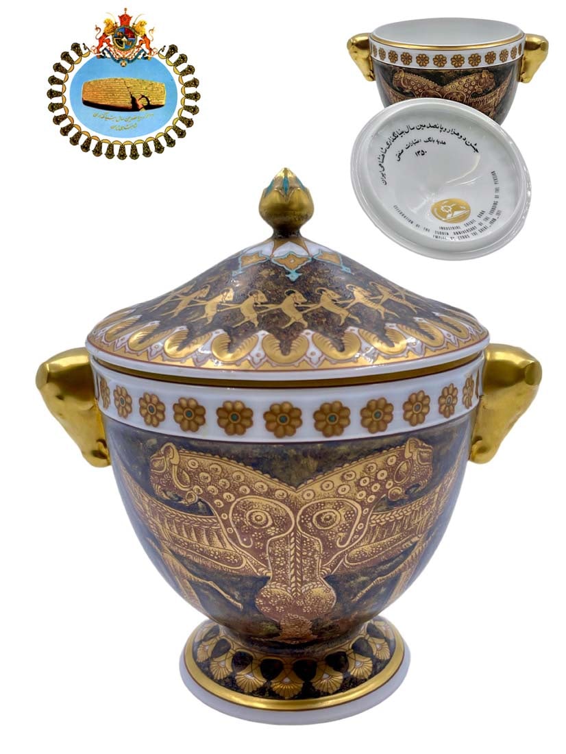 A Commemorating The 2500th Anniversary Of The Founding Of The Persian Empire Vase/Urn: An Iranian Industrial Credit Bank Celebration Of The 2500th Anniversary Of The Founding Of The Persian Empire Hand Painted porcelain Lidded Vase/Urn. Pahlavi Era 1971. Product of German Hutschenreuthe